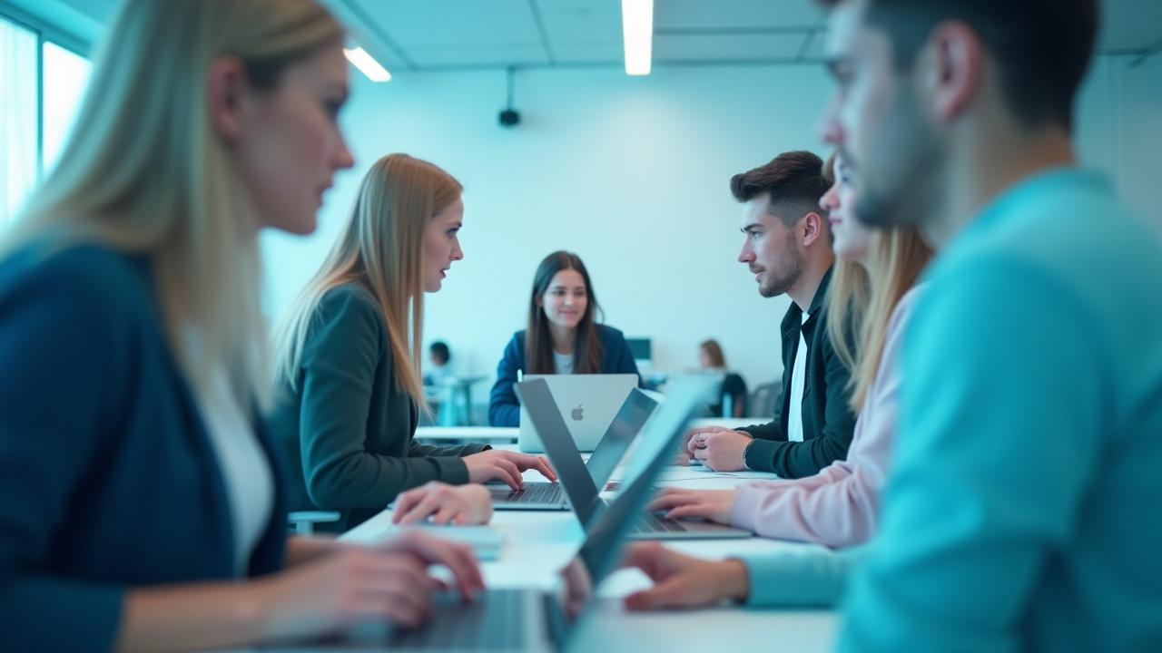 Студенты, активно работающие над кодом на современных ноутбуках в энергичном, светлом классе Жеміс Код, символизирующие интенсивное обучение и высокие результаты.