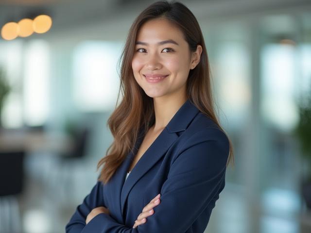 Портрет Айжан, молодой женщины, улыбающейся на фоне современного офиса.